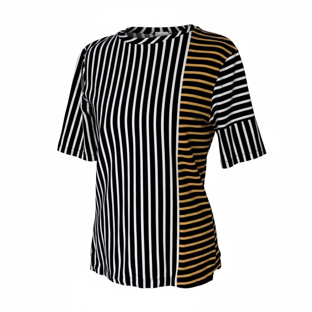 DEREK LAM 10 CROSBY Navy Gold Stripe Short Sleeve Cotton Tee S/P